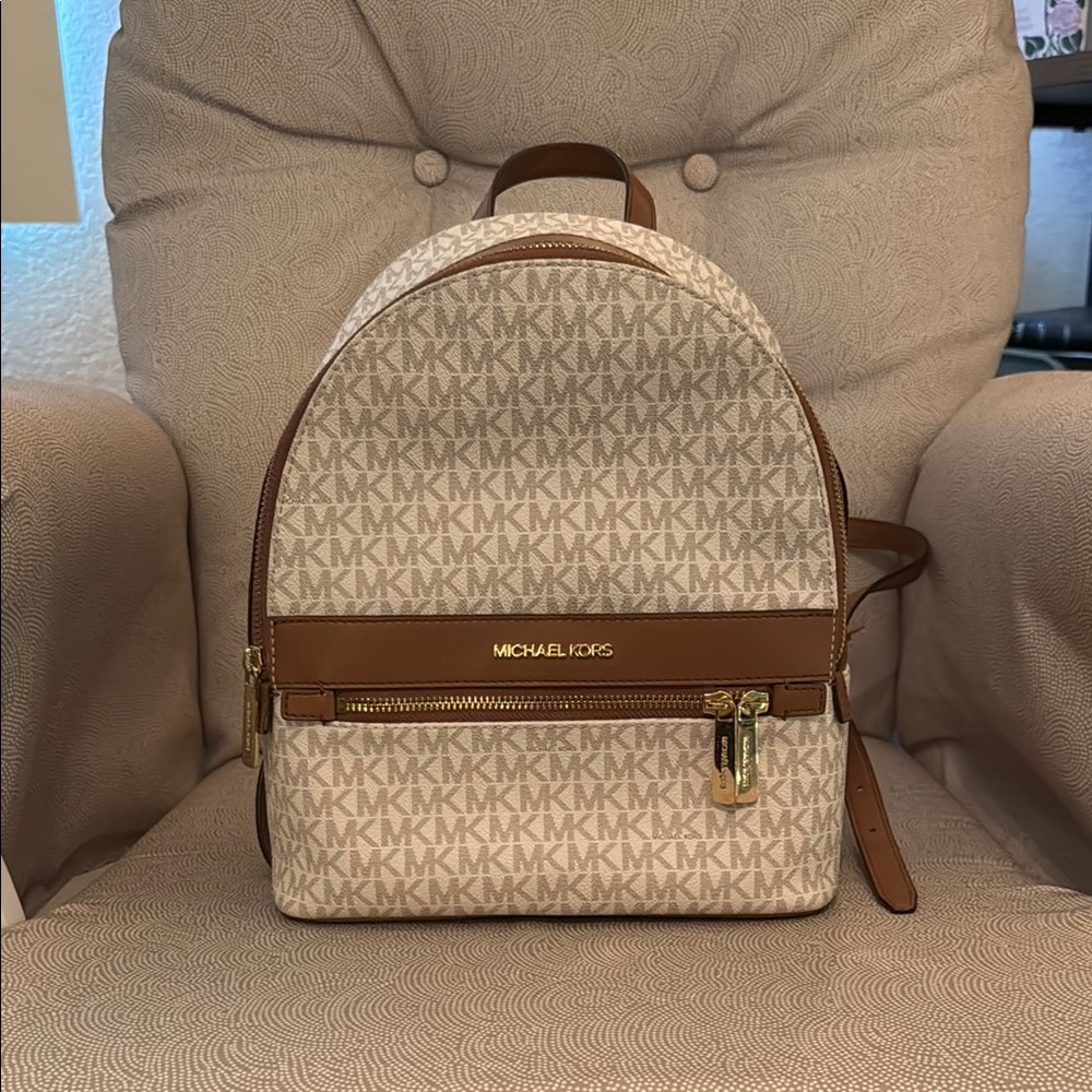 Michael Kors Brown and Cream Monogram Kenly Backpack